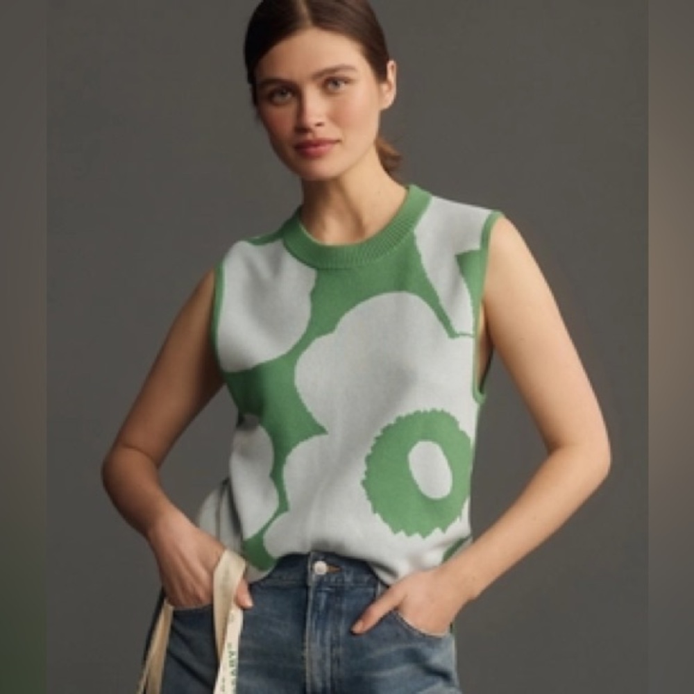 Marimekko Tilma Unikko Sweater Vest XS. Emerald Green color EUC